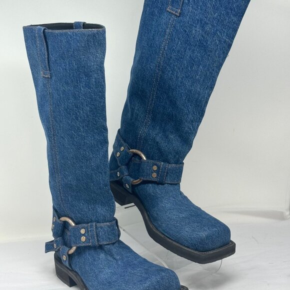 Acne Studios Shoes - Acne Denim-Textured Midcalf Heeled Boots in Blue